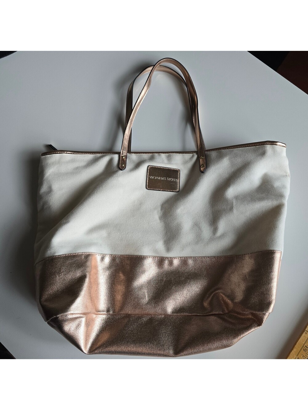 Victoria's Secret Cream Canvas Tote Bag Rose Gold Metallic Bottom Large